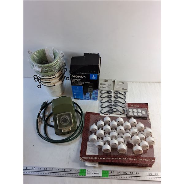 Noma Power Post with Timer, Bucket Planters, Electric Tea Candles, Ikea Fintorp Hooks