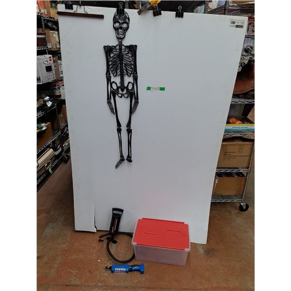 Halloween Skeleton Decor, Hi Output Air Pump, Cordless Trouble Light, Plastic Storage Tote