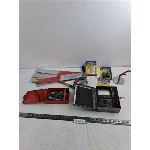 Various Drill Bits, Jana Multimeter, Magnetic Fishing Rod Holder, Misc