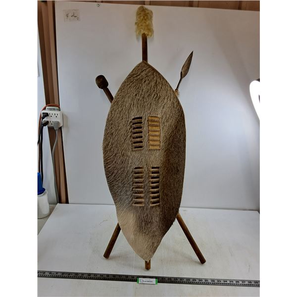 Vintage African Animal Skin Tribal Shield & Weapons - 47" x 18" Approx - Pickup Only