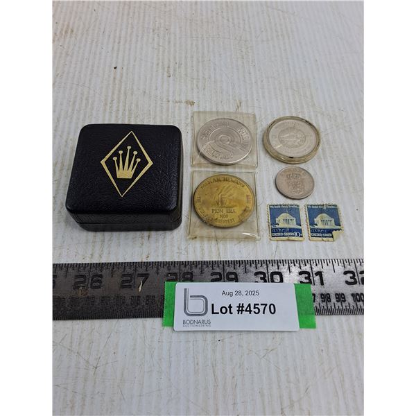 Case with Vintage Tokens, Stamps & Danish Krona Coin