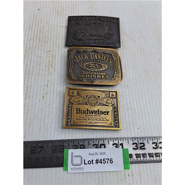 (3) Vintage Brass Belt Buckles (Budweiser, Jack Daniels, Ford)