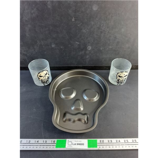 Halloween Skull Serving Tray, (2) Glass Cups