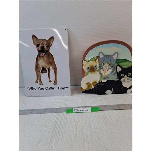 Wood Cat Decor(9" x 2" x 9") & Metal Sign- 8.5" x 11.5"
