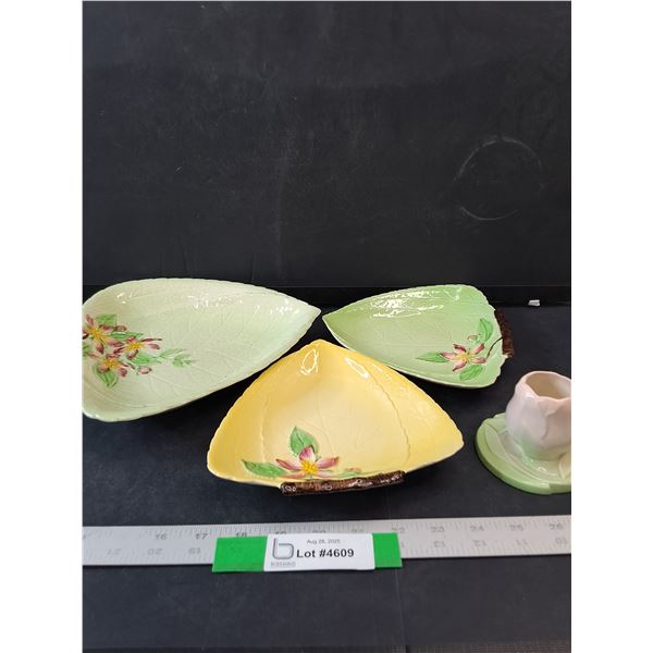 (3) Vintage Carlton Ware Leaf Pattern Dishes & Candle Holder