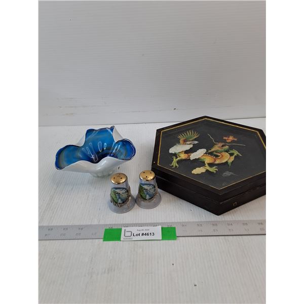 Salt & Pepper Shakers, Chinese Dragon Box & Blue Dish