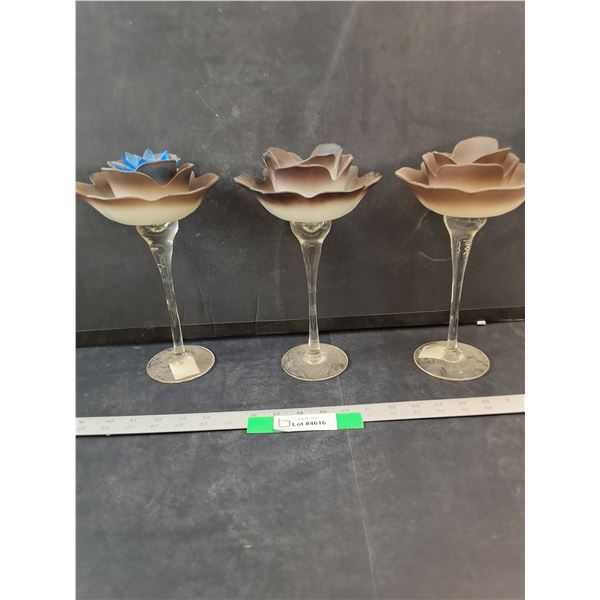 (3)Glass Flower Candle Holders- 7" x 10"