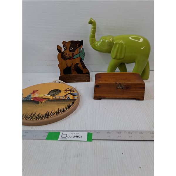 Wood Box, Rooster Decoration, Wood Cow Decoration & Glass Elephant Decoration
