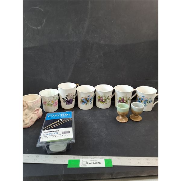 (6) Coffee Cups Flower Pattern, (2) Egg Cups & Carlton Trombone Care Kit