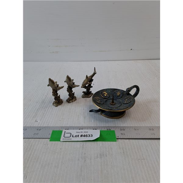 Antique Cobra Candle Holder & (3) Dolphin Decorations