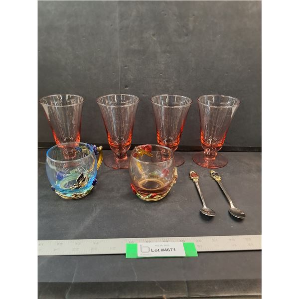 (4) Pink Cups, (2) Pink And Cup Rose's Cups & (2) Spoons
