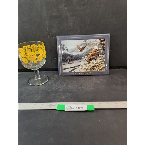 Glass With Flower Pattern & picture Of Freedom