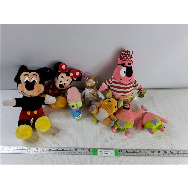 (8) Plush Toys, SpongeBob, Mickey Mouse, Pokemon