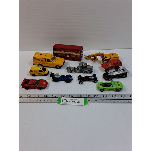 (10) Die Cast Vehicles: Double Decker Bus, Telecom, Metal Built Semi Model, Ferrari, Misc