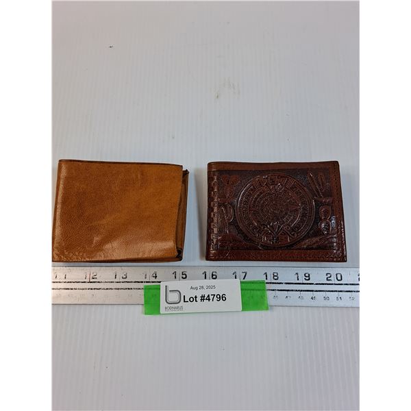 (2) Leather Mens Wallets: Aztec Theme & Tanned Hue
