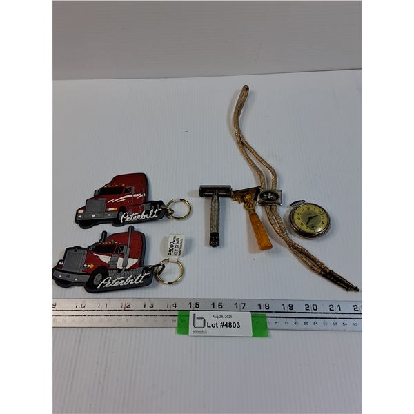 (2) Peterbilt Key Chains, Mens Cowboy Tie, (2) Vintage Razors, Pocket Watch
