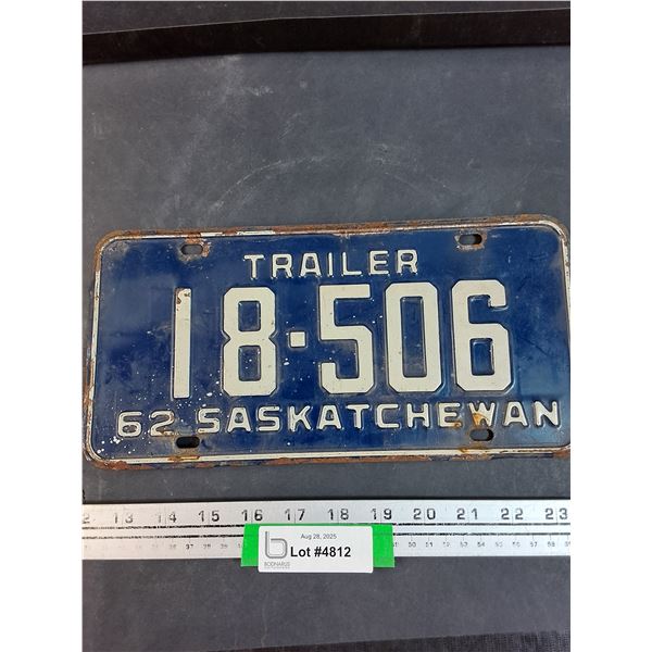Saskatchewan 1962 Trailer License Plate
