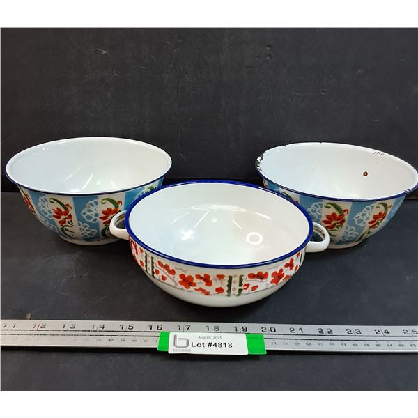 (3) Enamel Asian Themed Basin Bowls - Assorted Sizes