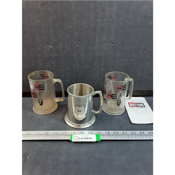 Metal John Deere Stein & (2) Champion Plastic Beer Mugs w/Champion Plastic License Holder