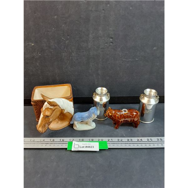 Milk Can Salt & Pepper Shakers, Ceramic Horse Vase & Dog Figurine & Cow Shaker