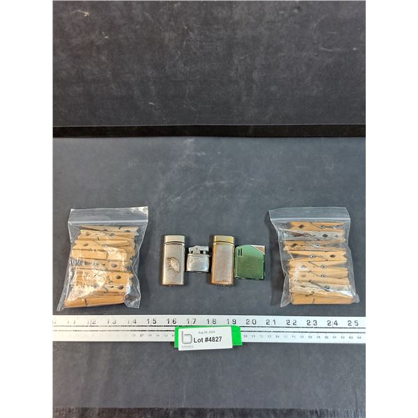 (4) Assorted Lighters & (2) Packages of Clothespins