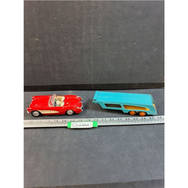 Corvette 1957 Die Cast Model 1:24 Scale & Metal Tin Car Hauler Trailer