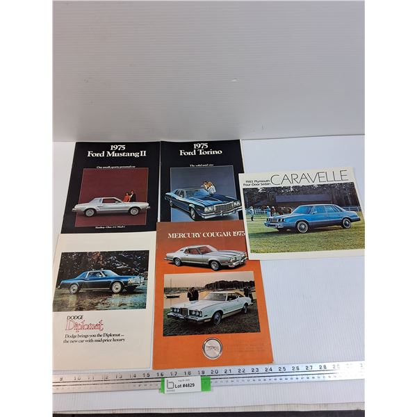 (5) Vintage 1970-80's Car Brochures: Torino, Mustang, Diplomat, Caravelle