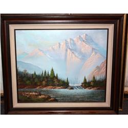 Framed Oil Painting of Forest and Mountains