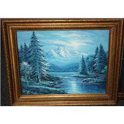 Framed Oil Painting of Forest in Winter
