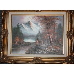 Framed Oil Painting of Forest and Mountains