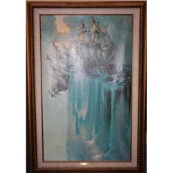 Framed Oil Painting of Boats going over the Edge