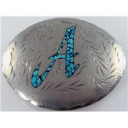 Navajo Inlaid Turquoise Letter A Belt Buckle