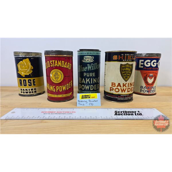 Baking Powder Tin Combo (5) :  ~ ROSE ~ Old Standard ~ Blue Willow (5-1/2"H x 3"Dia) ~ Shield ~ Egg-
