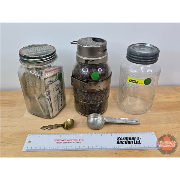 Coffee / NABOB Collector Combo: 3 Jars; Scoop; Spoon & Nabob Ad Coupons (Tallest Jar with Beans Meas