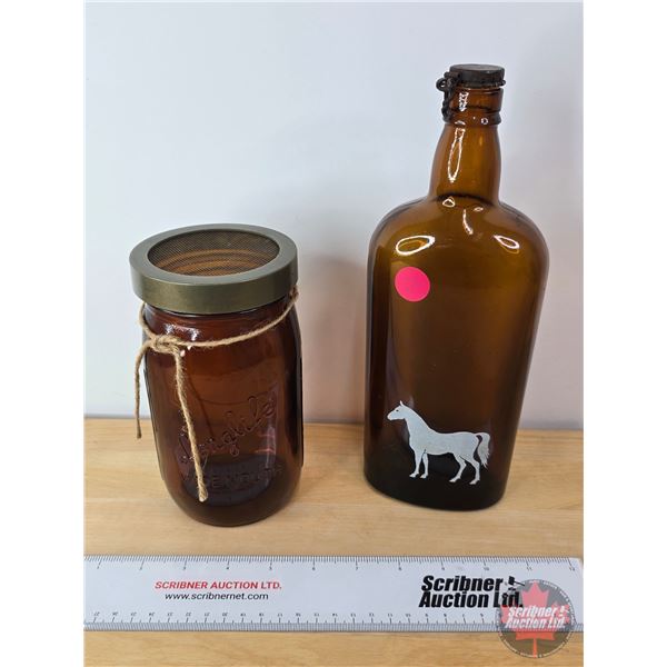 Brown Glass Collector Combo:  ~ White Horse Bottle (10-1/2"H) ~ Longlife Jar