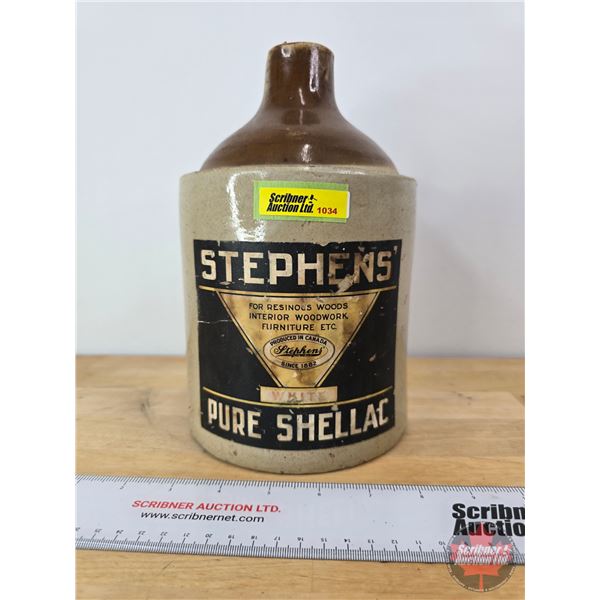 Stoneware Shoulder Crock Jug : Paper Label "STEPHENS' PURE SHALLAC" (10"H)