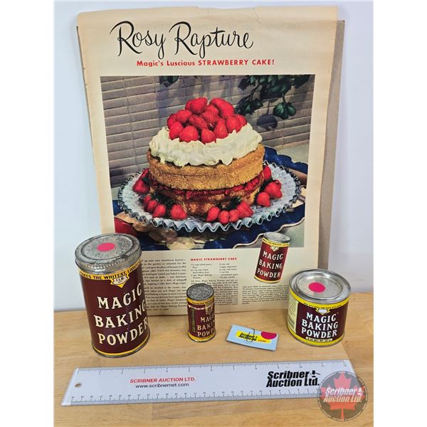 MAGIC BAKING POWDER Collector Combo: Tins (3) & Advertisement (Ad Measures: 14-1/2" x 10-3/4") (Tall