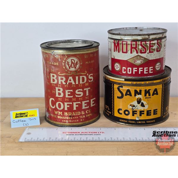 Coffee Tin Combo (3): BRAID'S BEST ; MORSES ; SANKA (Tallest Measures: 5-1/2"H x 4-1/4"Dia)