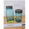 Image 1 : Teal Blue Jars w/Lids (2): Improved GEM & Ball Perfect Mason (BALL Measures: 8"H)