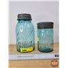 Image 2 : Teal Blue Jars w/Lids (2): Improved GEM & Ball Perfect Mason (BALL Measures: 8"H)