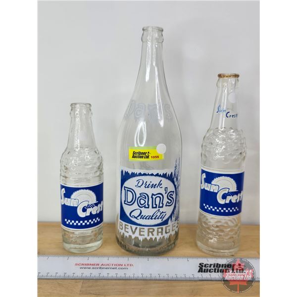 Clear Bottles (3) All Blue/White ACL : Sun Crest (2) & Dan's (Dan's Measures: 11-1/4"H)