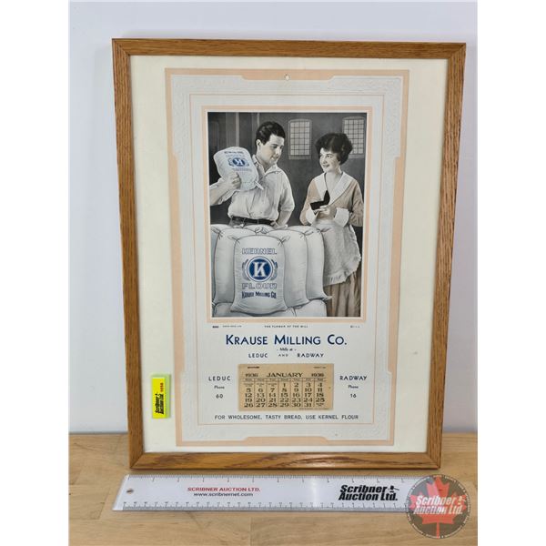 Framed Vintage 1936 Ad Promo Calendar "Krause Milling Co." (Complete) (Frame Measures: 16-3/4"H x 12