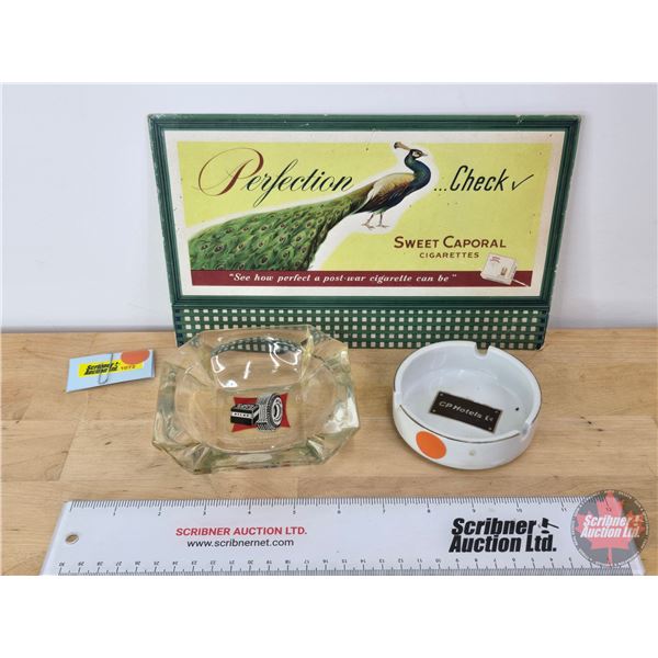 Smokers Collector Combo (3) : - Sweet Caporal Cardboard Store Advertisement - Clear ATLAS Ashtray - 