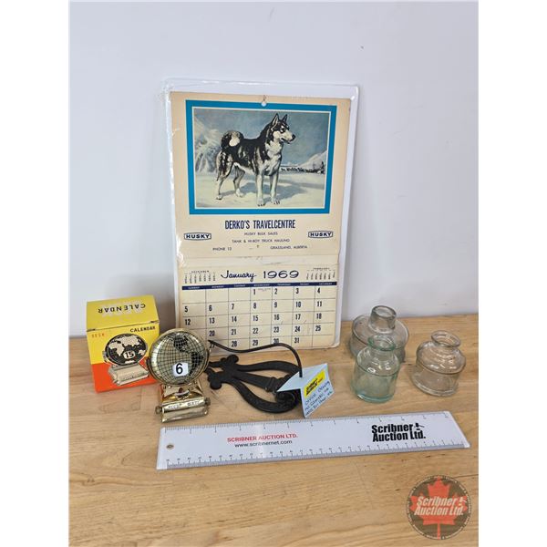 Collector Combo ~ Vintage Office Theme : 1969 Husky Calendar; Desk Daily Calendar; Ink Wells (3) & L