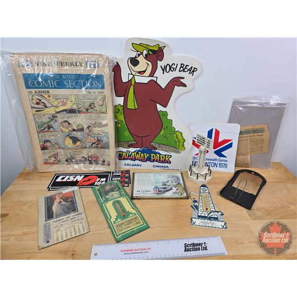 Collector Combo (Variety Items) : Calaway Park Yogi Bear Felt Display; Advertising Thermometers; CIS