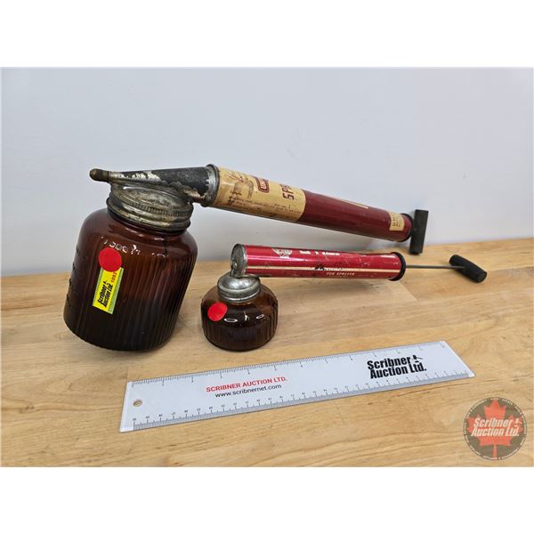 Vintage Sprayers (2) (Both Brown Glass) (Largest Measures: 7"H x 18"W x 4"Dia)