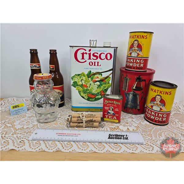 Vintage Kitchen Collector Combo : Crisco Oil Tin; Watkins Baking Powder Tins (2); Betsy Ross Tea Tin