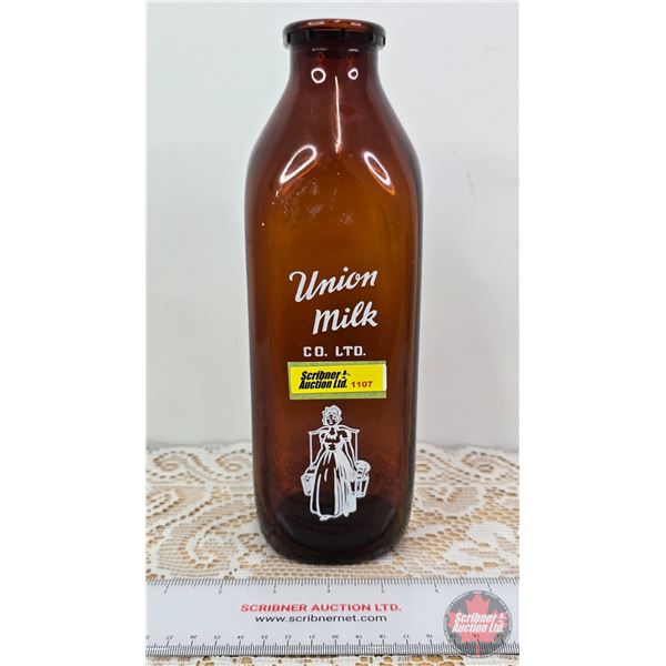 Union Milk Bottle (Amber/Brown Glass : White ACL) (10"H)