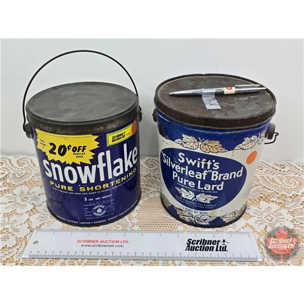 Lard/Shortening Pails (2) : Swifts & Snowflake + Swift Pen (Swift's Measures: 7-1/4"H x 6-1/4"Dia To