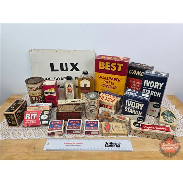 Vintage Kitchen Collector Combo : Starch Boxes; Wall Paper Paste Box; LUX Soap Sign; Water Putty Tin